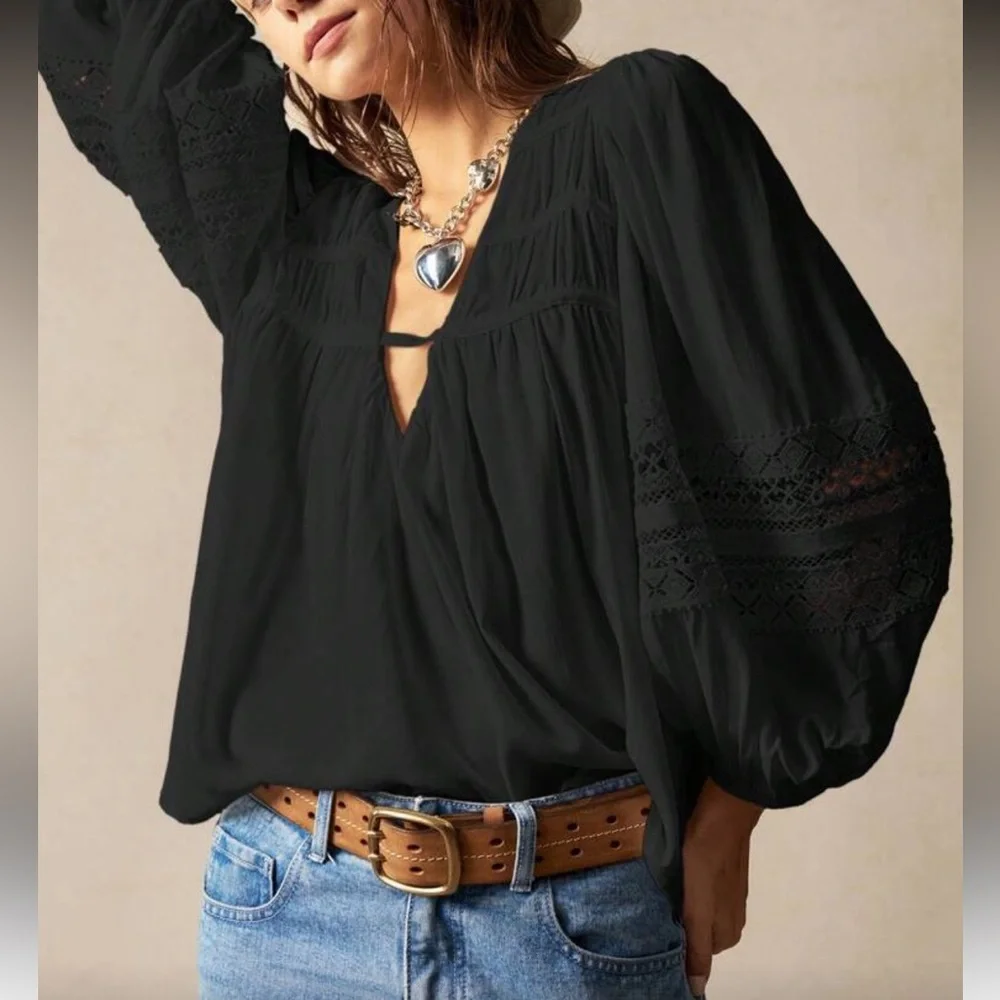Chic Black Blouse with Lace Sleeves